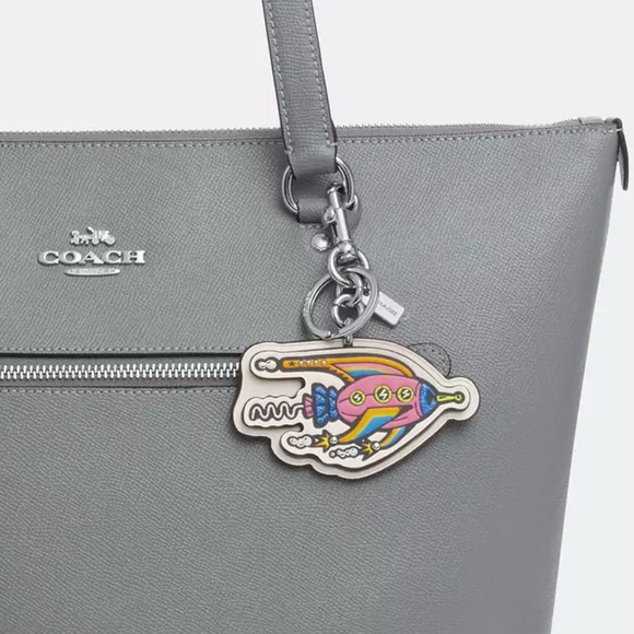 Coach Cosmic Rocket Bag Charm Keychain in Silver/Chalk Multi Smooth Leather NWT - Picture 4 of 8